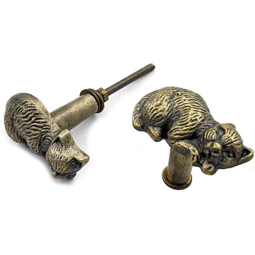 Antique Brass Cat Cabinet Knob – Cast Iron Drawer Handle with Screw | Vintage Sleeping Cat Design Pull for Cupboards, Wardrobes & Furniture Restoration (1 Piece)