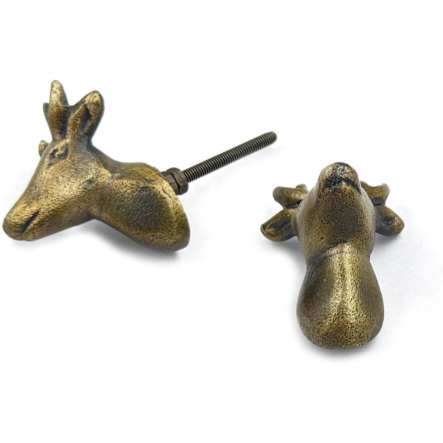 Antique Brass Deer Head Cabinet Knob – Vintage Animal Drawer Pull Handle | Handcrafted Brass Furniture Knob for Cupboard, Wardrobe & Dresser (1 Piece)