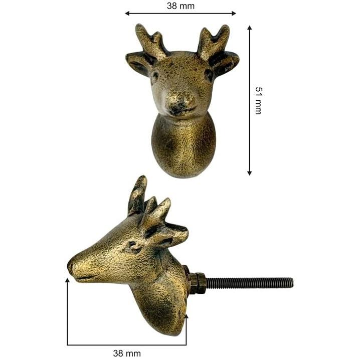 Antique Brass Deer Head Cabinet Knob – Vintage Animal Drawer Pull Handle | Handcrafted Brass Furniture Knob for Cupboard, Wardrobe & Dresser (1 Piece)