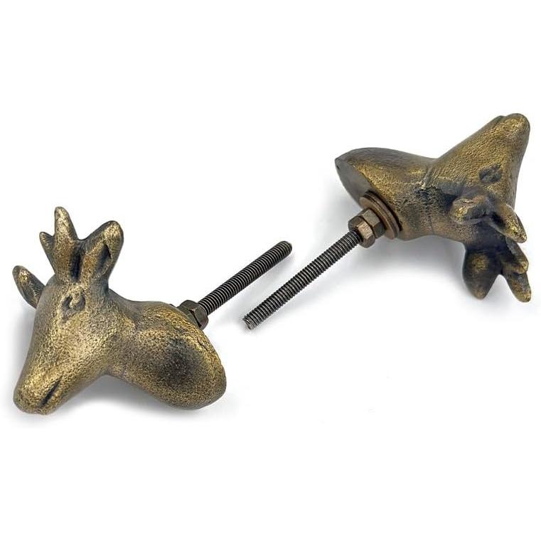 Antique Brass Deer Head Cabinet Knob – Vintage Animal Drawer Pull Handle | Handcrafted Brass Furniture Knob for Cupboard, Wardrobe & Dresser (1 Piece)