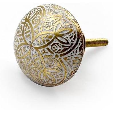 Brass Cabinet Knob | Ceramic Finish Round Drawer Pull Handle with Intricate Floral Design | Decorative Knob for Dressers Wardrobes | 38x38 mm Face | 27 mm Depth | 19.5 mm Height