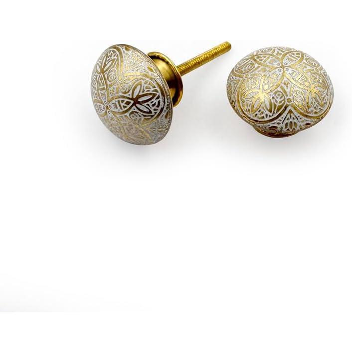 Brass Cabinet Knob | Ceramic Finish Round Drawer Pull Handle with Intricate Floral Design | Decorative Knob for Dressers Wardrobes | 38x38 mm Face | 27 mm Depth | 19.5 mm Height