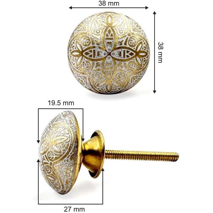 Brass Cabinet Knob | Ceramic Finish Round Drawer Pull Handle with Intricate Floral Design | Decorative Knob for Dressers Wardrobes | 38x38 mm Face | 27 mm Depth | 19.5 mm Height