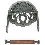 Cast Iron Toilet Paper Holder with Wooden Roller | Vintage Antique Iron GWR Railway Design | Wall Mounted Bathroom Tissue Holder | 162mm Wide x 150mm Height x 23mm Roller Diameter