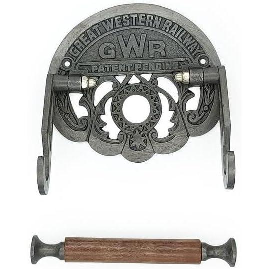 Cast Iron Toilet Paper Holder with Wooden Roller | Vintage Antique Iron GWR Railway Design | Wall Mounted Bathroom Tissue Holder | 162mm Wide x 150mm Height x 23mm Roller Diameter