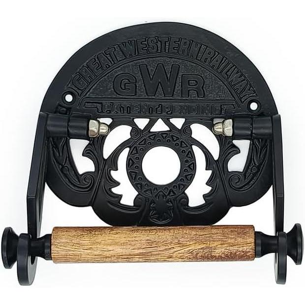 Cast Iron Toilet Paper Holder with Wooden Roller | Vintage Antique Iron GWR Railway Design | Wall Mounted Bathroom Tissue Holder | 162mm Wide x 150mm Height x 23mm Roller Diameter