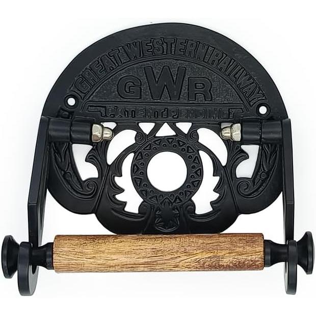 Cast Iron Toilet Paper Holder with Wooden Roller | Vintage Black Powder Coated GWR Railway Design | Bathroom Tissue Holder | 162mm Wide x 150mm Height x 23mm Roller Diameter