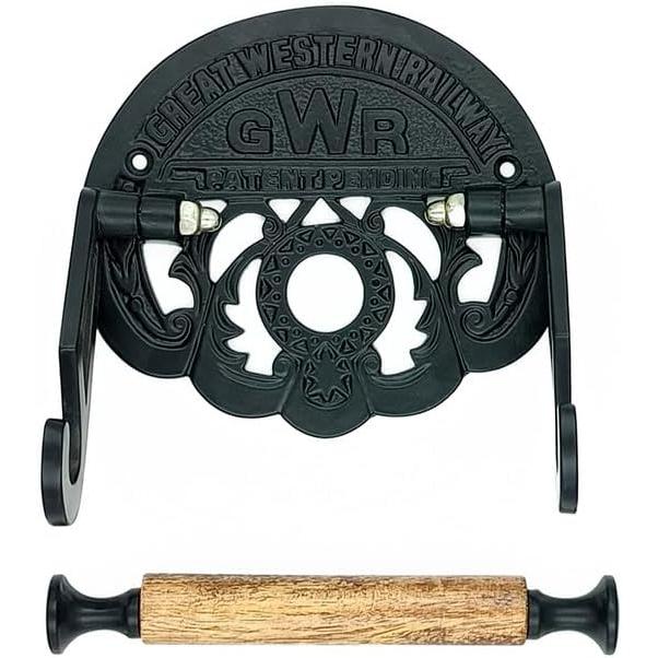Cast Iron Toilet Paper Holder with Wooden Roller | Vintage Black Powder Coated GWR Railway Design | Bathroom Tissue Holder | 162mm Wide x 150mm Height x 23mm Roller Diameter