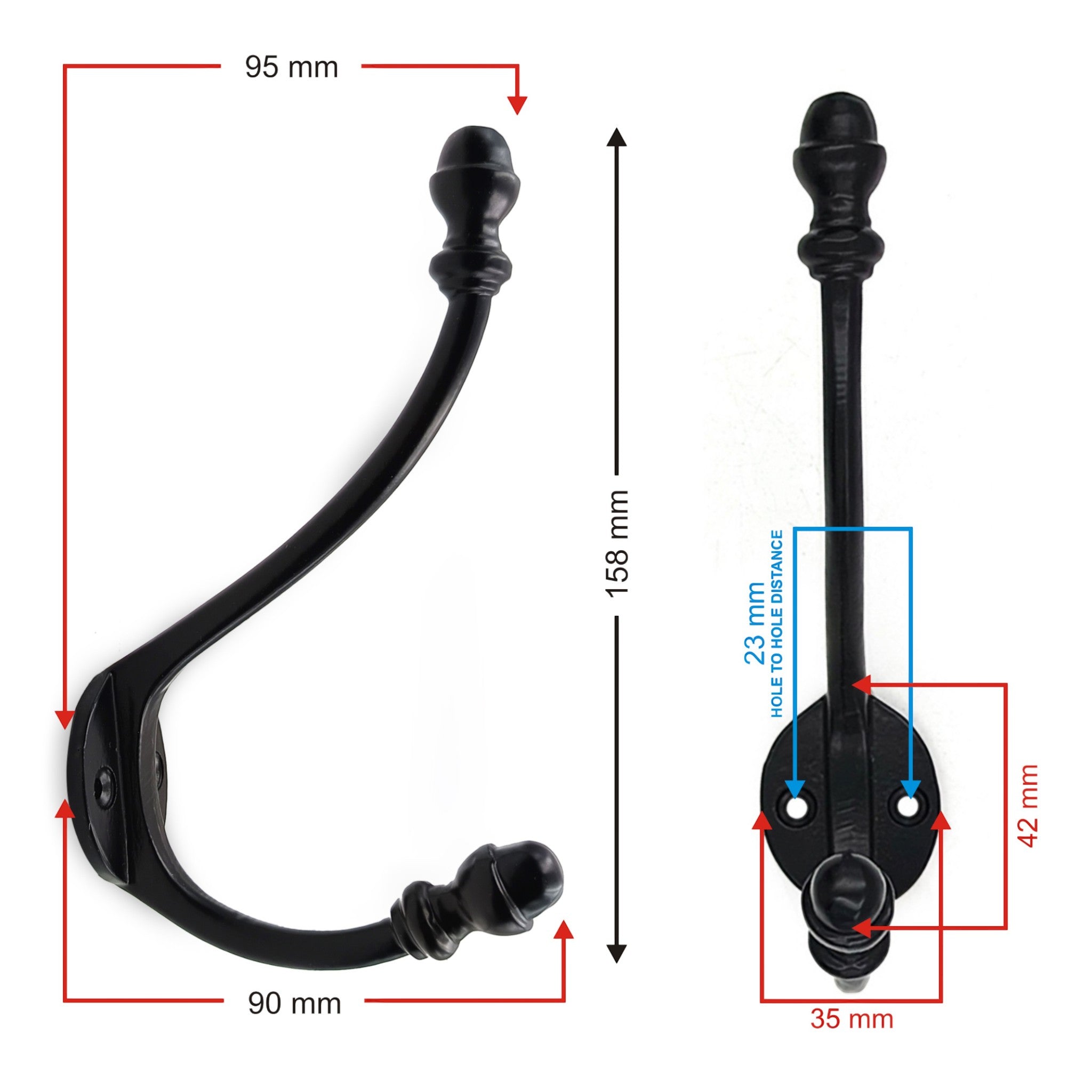 Wall Mounted Cast Iron Double Coat Hook | Antique Iron Finish | 158 mm Height × 95 mm Upper Depth × 90 mm Lower Depth × 35 mm Width | Oval Hanger for Coats, Hats | Home & Office