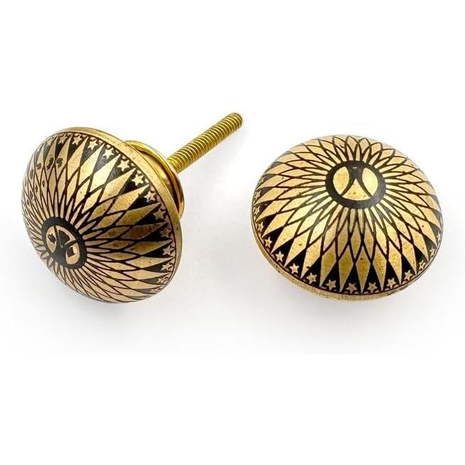 Decorative Brass Knob with Ceramic Finish | Round Floral Engraved Design Drawer | Cabinet Cupboard Handle Knobs | 38 mm Diameter x 27 mm Depth | Single Piece Furniture Hardware