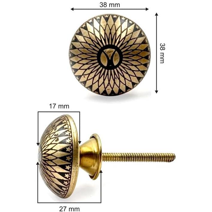 Decorative Brass Knob with Ceramic Finish | Round Floral Engraved Design Drawer | Cabinet Cupboard Handle Knobs | 38 mm Diameter x 27 mm Depth | Single Piece Furniture Hardware