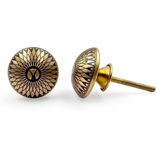 Decorative Brass Knob with Ceramic Finish | Round Floral Engraved Design Drawer | Cabinet Cupboard Handle Knobs | 38 mm Diameter x 27 mm Depth | Single Piece Furniture Hardware