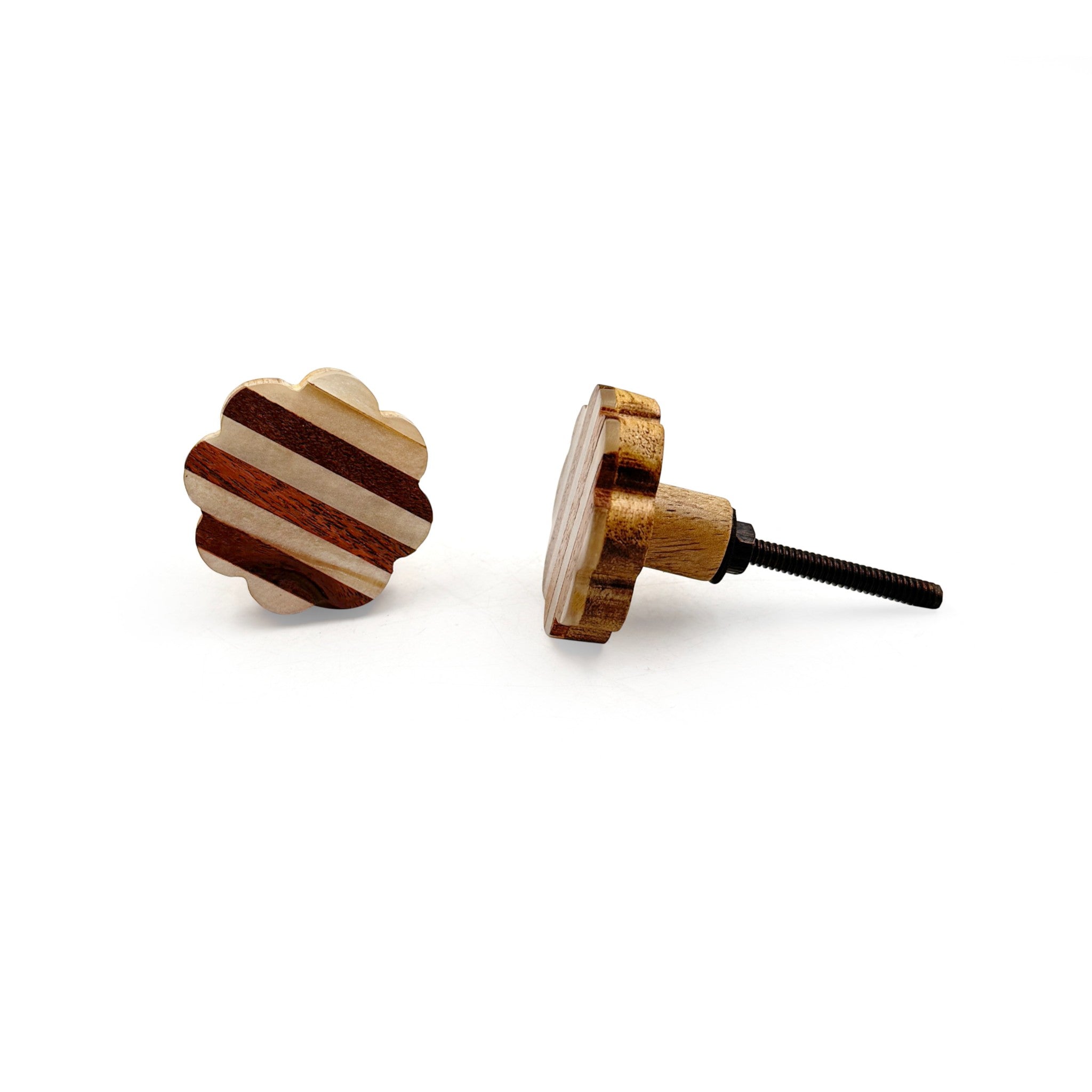 Decorative Cabinet Knob – Flower Shape Striped Wood & Resin Drawer Handle | Round Ceramic Finish Furniture Knob for Cabinets Dressers Drawers Cupboards Wardrobes (40mm x 24mm)