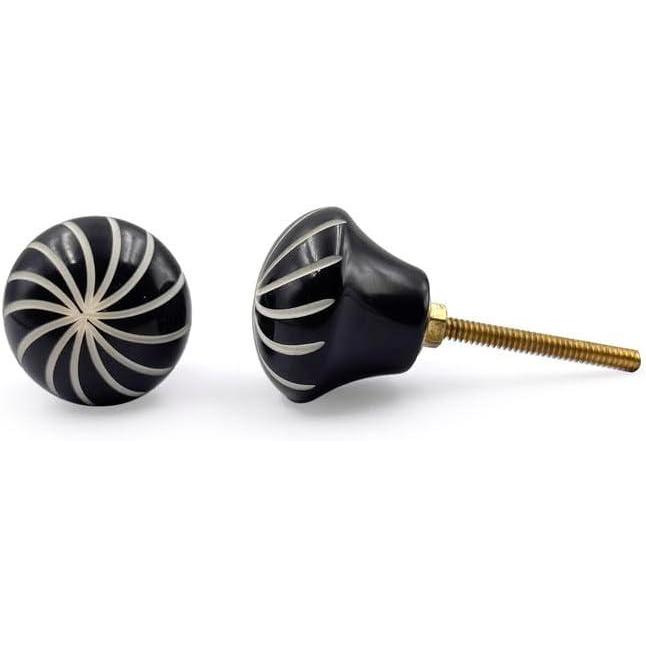 Decorative Cabinet Knob – Resin Round Black Swirl Drawer Handle with Ceramic Finish | Furniture Knob for Cabinets Dressers & Cupboards (37mm x 32mm x 78mm)