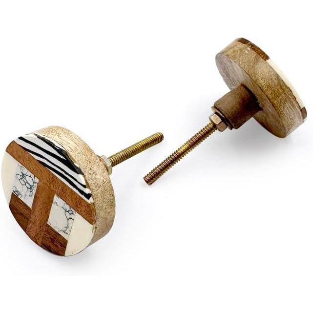 Decorative Cabinet Knob – Resin & Wood Round Multi-Pattern Drawer Handle with Ceramic Finish | Decorative Furniture Knob for Dressers, Cupboards & Wardrobes (44mm x 25mm x 60mm)