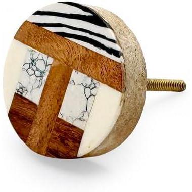 Decorative Cabinet Knob – Resin & Wood Round Multi-Pattern Drawer Handle with Ceramic Finish | Decorative Furniture Knob for Dressers, Cupboards & Wardrobes (44mm x 25mm x 60mm)