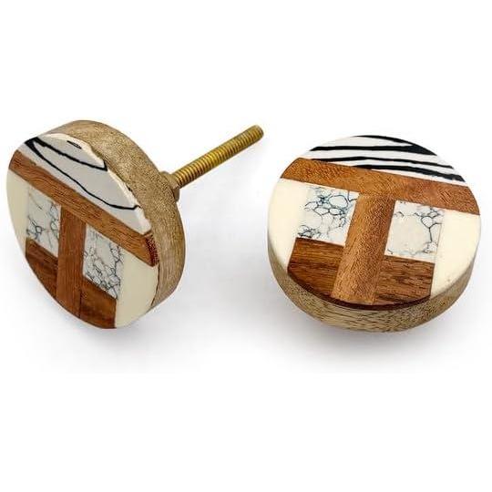 Decorative Cabinet Knob – Resin & Wood Round Multi-Pattern Drawer Handle with Ceramic Finish | Decorative Furniture Knob for Dressers, Cupboards & Wardrobes (44mm x 25mm x 60mm)