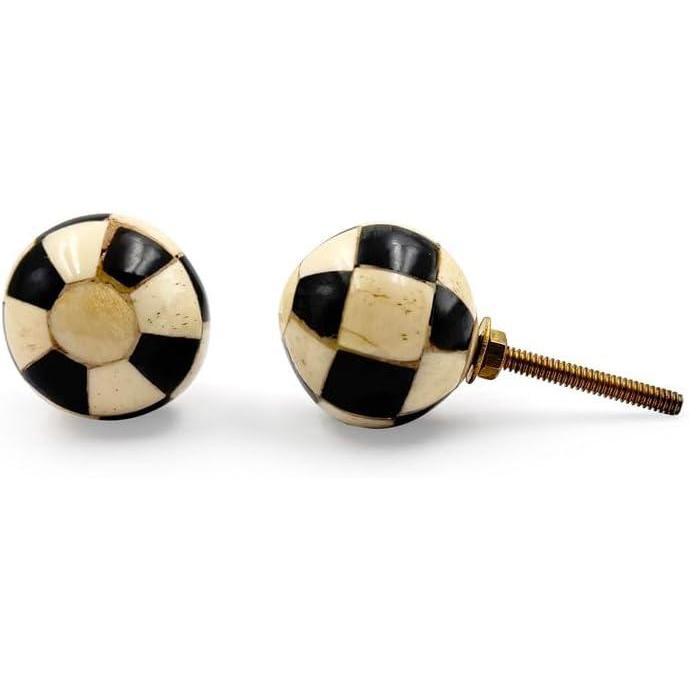 Decorative Cabinet Knob – Round Checkered Ball Design Wood Resin or Bone Drawer Handle with Ceramic Finish | Furniture Knob for Dressers Drawers Cupboards (38mm x 36.5mm x 75mm)