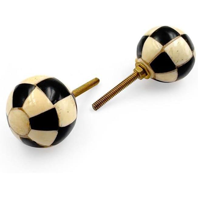Decorative Cabinet Knob – Round Checkered Ball Design Wood Resin or Bone Drawer Handle with Ceramic Finish | Furniture Knob for Dressers Drawers Cupboards (38mm x 36.5mm x 75mm)