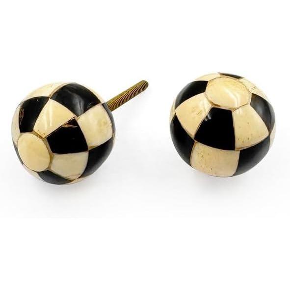 Decorative Cabinet Knob – Round Checkered Ball Design Wood Resin or Bone Drawer Handle with Ceramic Finish | Furniture Knob for Dressers Drawers Cupboards (38mm x 36.5mm x 75mm)