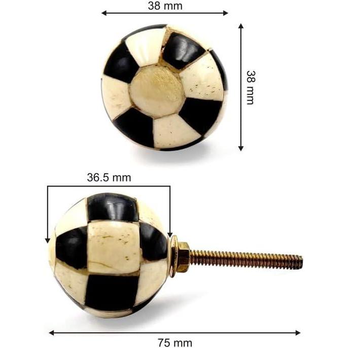 Decorative Cabinet Knob – Round Checkered Ball Design Wood Resin or Bone Drawer Handle with Ceramic Finish | Furniture Knob for Dressers Drawers Cupboards (38mm x 36.5mm x 75mm)