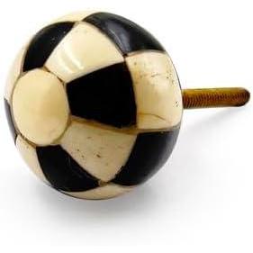 Decorative Cabinet Knob – Round Checkered Ball Design Wood Resin or Bone Drawer Handle with Ceramic Finish | Furniture Knob for Dressers Drawers Cupboards (38mm x 36.5mm x 75mm)
