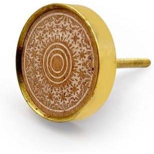 Decorative Cabinet Knob – Round Mandala Pattern Wood & Brass Drawer Pull Handle with Ceramic Finish and Golden Rim | Furniture Knob for Dressers Drawers Cupboards (46mm x 25mm)