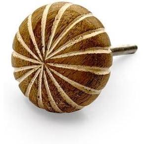 Decorative Cabinet Knob – Wood Round Hand-Carved Striped Drawer Pull Handle with Ceramic Finish | Furniture Knob for Cabinets Wardrobes Drawers Cupboards (42mm x 22mm x 76.5mm)