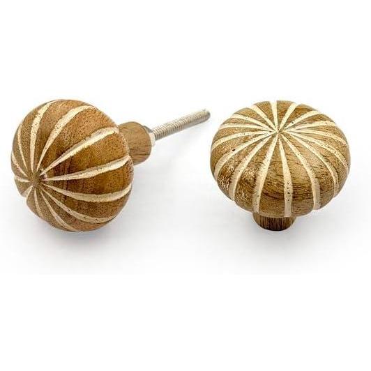 Decorative Cabinet Knob – Wood Round Hand-Carved Striped Drawer Pull Handle with Ceramic Finish | Furniture Knob for Cabinets Wardrobes Drawers Cupboards (42mm x 22mm x 76.5mm)