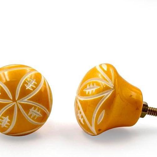 Decorative Resin Cabinet Knob | Ceramic Finish Round Drawer Handle for Kitchen Cabinets Dressers Wardrobes | Yellow Handcrafted Knob | 37x37 mm Face | 32 mm Depth | 78 mm Length