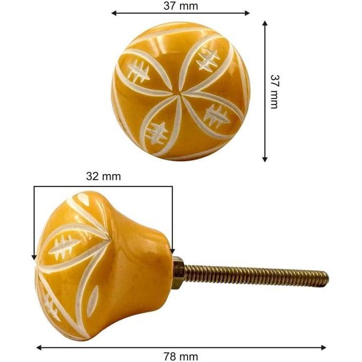 Decorative Resin Cabinet Knob | Ceramic Finish Round Drawer Handle for Kitchen Cabinets Dressers Wardrobes | Yellow Handcrafted Knob | 37x37 mm Face | 32 mm Depth | 78 mm Length