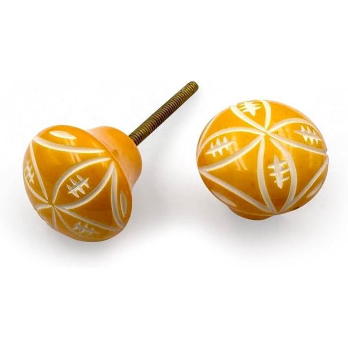 Decorative Resin Cabinet Knob | Ceramic Finish Round Drawer Handle for Kitchen Cabinets Dressers Wardrobes | Yellow Handcrafted Knob | 37x37 mm Face | 32 mm Depth | 78 mm Length