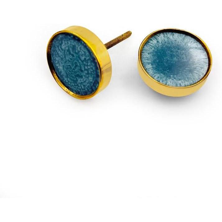 Decorative Round Cabinet Knob | Resin & Brass Material Drawer Handle | 46mm Diameter Knob with Ceramic Finish for Cupboards, Dressers & Furniture | Blue Textured Modern Design