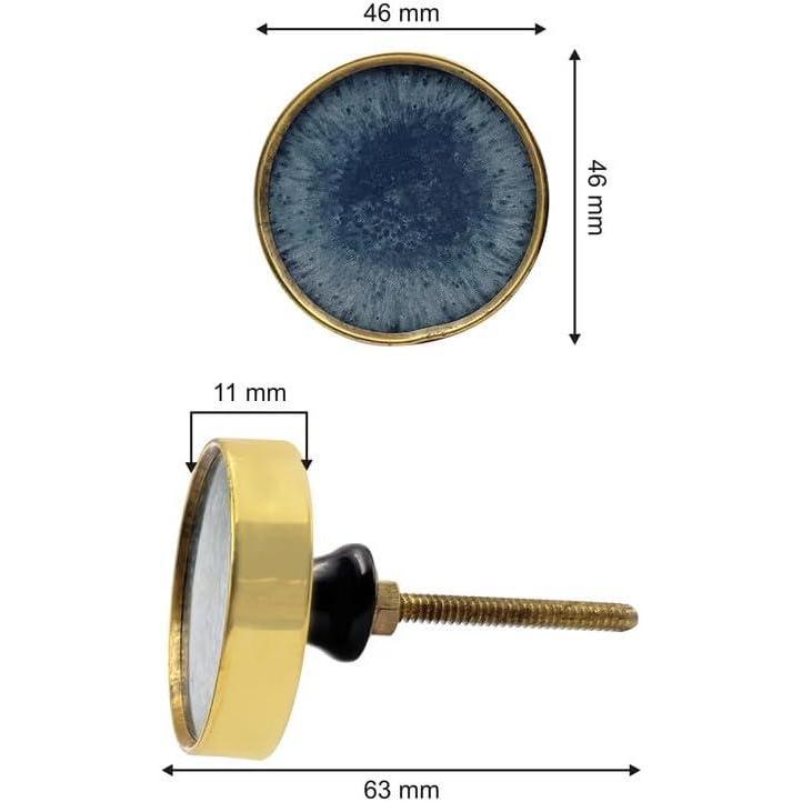 Decorative Round Cabinet Knob | Resin & Brass Material Drawer Handle | 46mm Diameter Knob with Ceramic Finish for Cupboards, Dressers & Furniture | Blue Textured Modern Design
