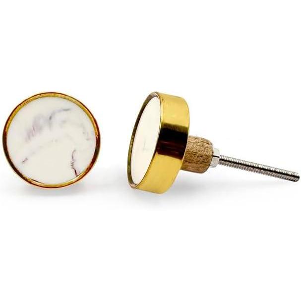 Decorative Round Cabinet Knob | Resin & Brass Material Drawer Handle | Golden Edge with Ceramic Finish | 41mm Diameter, 12mm Front Thickness, 68mm Length | Cupboards, Dressers