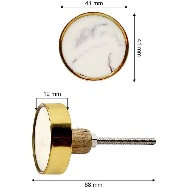 Decorative Round Cabinet Knob | Resin & Brass Material Drawer Handle | Golden Edge with Ceramic Finish | 41mm Diameter, 12mm Front Thickness, 68mm Length | Cupboards, Dressers