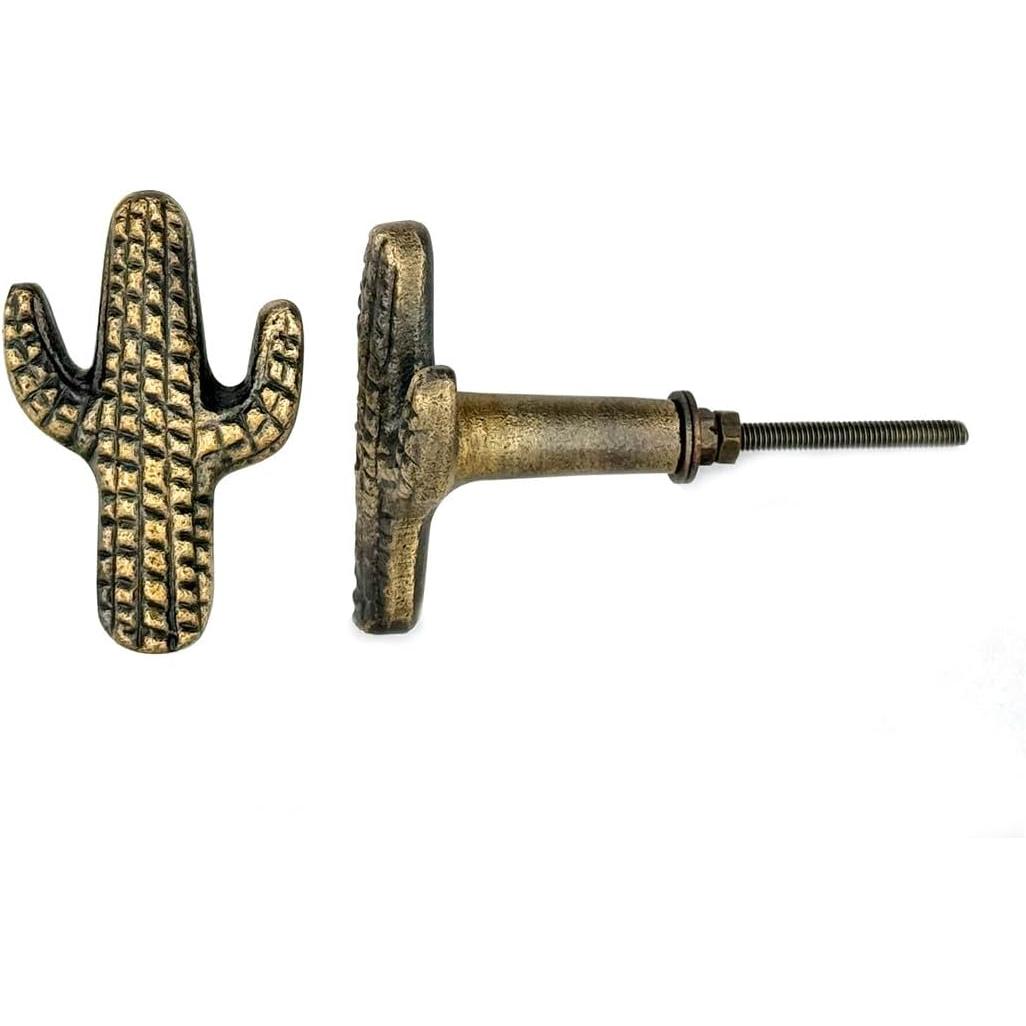 HAMILTON BRASS Antique Brass Cactus Cabinet Knob – Cast Iron Drawer Pull with Screw | Vintage Western-Themed Cupboard Handle for Furniture, Wardrobe & Kitchen Restoration (1 Piece)