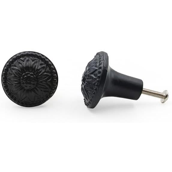 HAMILTON BRASS Decorative Black Cast Iron Knob | Black Powder Coated Round Cabinet Pull Handle Detailed Border Design for Drawers, Cupboards, Kitchen Cabinets, (32mm x 31mm 51mm)