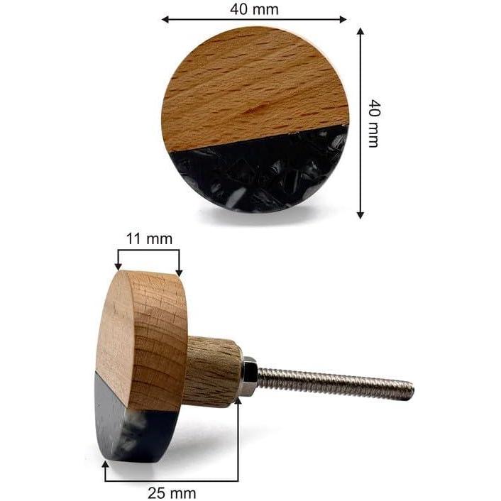 HAMILTON BRASS Decorative Cabinet Knob – Round Black & Natural Two-Tone Wood & Resin Drawer Pull Handle with Ceramic Finish | Furniture Knob for Dressers Drawers Cupboards (40mm x 25mm x 71mm)