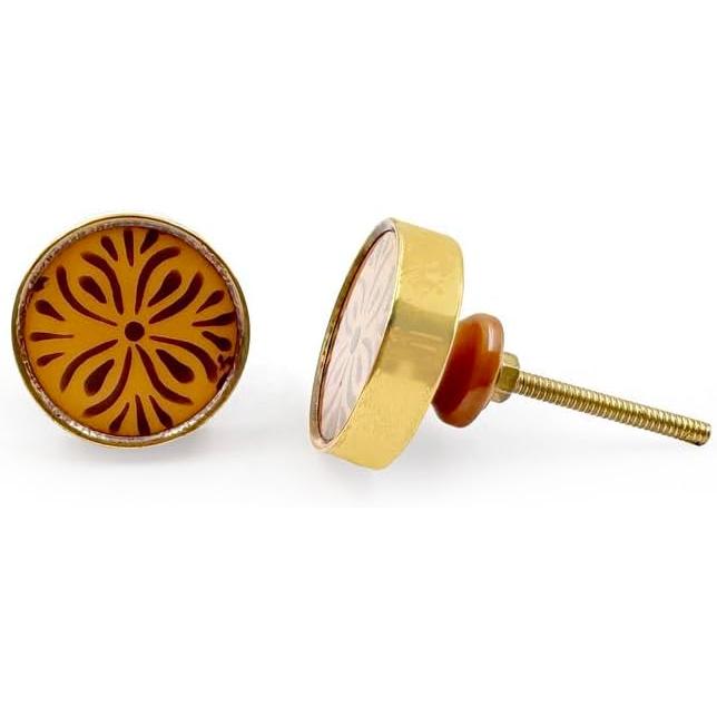 HAMILTON BRASS Decorative Cabinet Knob – Round Floral Pattern Resin & Brass Drawer Pull Handle with Ceramic Finish and Golden Rim | Furniture Knob for Dressers Cupboards (41mm x 63mm x 12mm)
