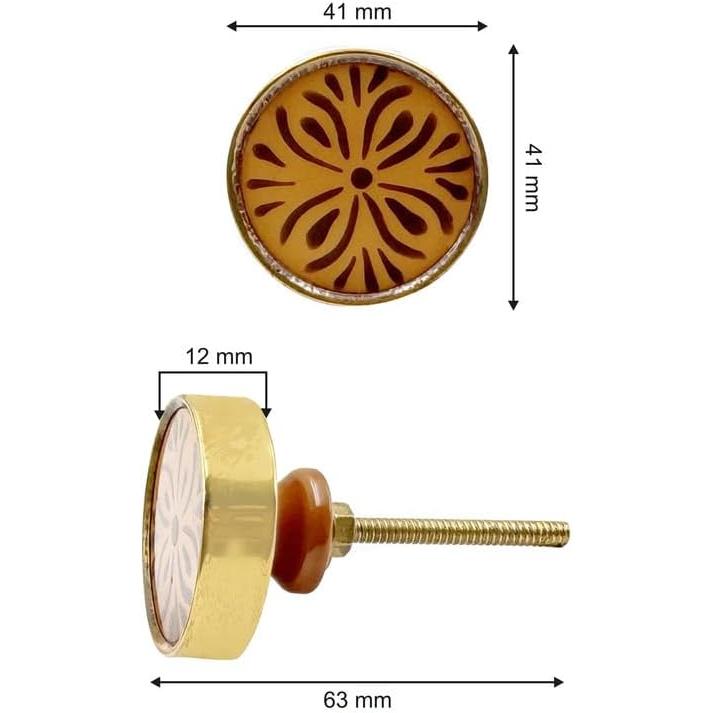 HAMILTON BRASS Decorative Cabinet Knob – Round Floral Pattern Resin & Brass Drawer Pull Handle with Ceramic Finish and Golden Rim | Furniture Knob for Dressers Cupboards (41mm x 63mm x 12mm)