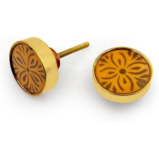 HAMILTON BRASS Decorative Cabinet Knob – Round Floral Pattern Resin & Brass Drawer Pull Handle with Ceramic Finish and Golden Rim | Furniture Knob for Dressers Cupboards (41mm x 63mm x 12mm)