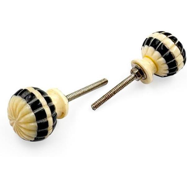 HAMILTON BRASS Decorative Cabinet Knob – Round Striped Design Bone & Horn Drawer Pull Handle with Ceramic Finish | Furniture Knob for Cabinets Dressers Drawers Cupboards (31mm x 30mm x 71mm)