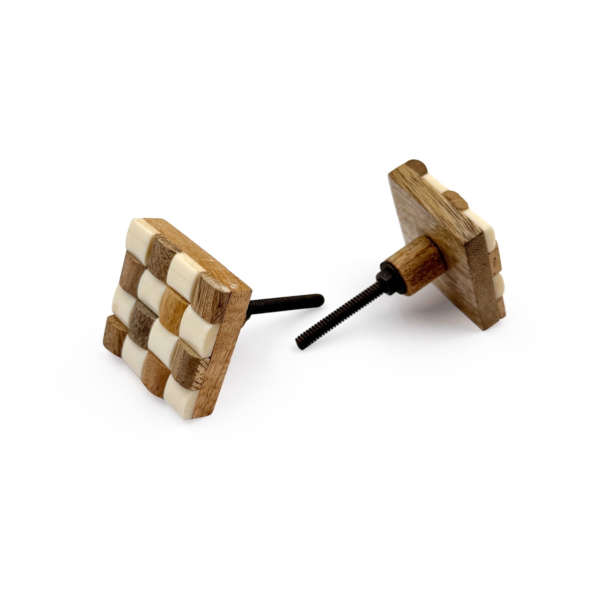 HAMILTON BRASS Decorative Cabinet Knob – Square Checkerboard Design Wood & Resin Drawer Pull Handle | Ceramic Finish Furniture Knob for Cabinets Dressers Drawers Wardrobes (41mm x 41mm x 26mm)