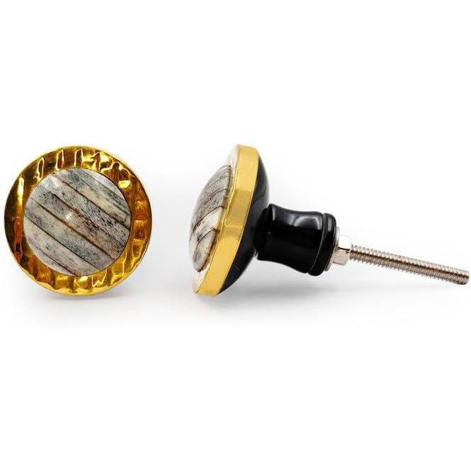 HAMILTON BRASS Decorative Round Cabinet Knob | Bone, Brass & Resin Material Drawer Handle | Golden Edge with Ceramic Finish | 40mm Diameter, 34mm Depth, 8mm Front Thickness | Cupboards Dressers