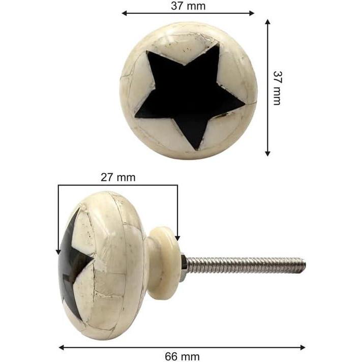 HAMILTON BRASS Round Bone & Wood Knob with Ceramic Finish | Black Star Inlay Decorative Drawer & Cabinet Pull Handle | 37x37 mm Face | 66 mm Length | 27 mm Height | Furniture Hardware