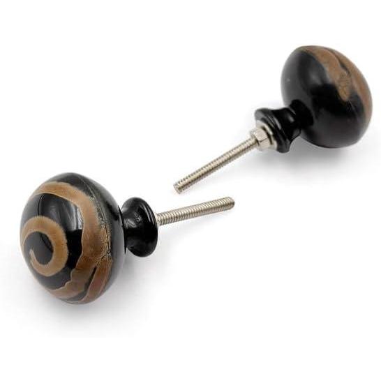 HAMILTON BRASS Round Horn Knob with Ceramic Finish Black & Brown Spiral Handcrafted Pattern Decorative Cabinet & Drawer Pull | Knob for Dresser & Cupboard Stylish Furniture Hardware