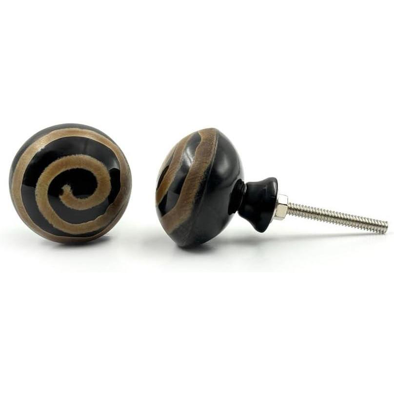 HAMILTON BRASS Round Horn Knob with Ceramic Finish Black & Brown Spiral Handcrafted Pattern Decorative Cabinet & Drawer Pull | Knob for Dresser & Cupboard Stylish Furniture Hardware