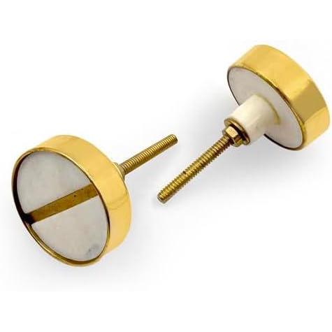 HAMILTON BRASS Round Stone & Brass Knob with Ceramic Finish | White Face Line Accent Decorative Drawer & Cabinet Pull Handle | 41x41 mm Face | 25 mm Depth | 12 mm Height | Furniture Hardware