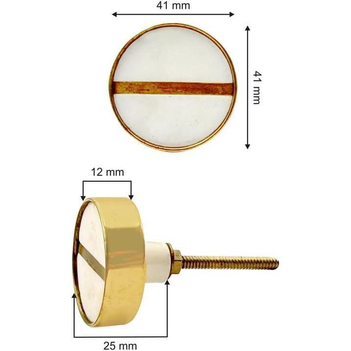 HAMILTON BRASS Round Stone & Brass Knob with Ceramic Finish | White Face Line Accent Decorative Drawer & Cabinet Pull Handle | 41x41 mm Face | 25 mm Depth | 12 mm Height | Furniture Hardware
